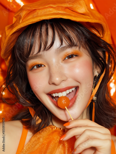 Wallpaper Mural オレンジ色の帽子とオレンジ色のメーク、オレンジ色のキャンディーと若い女性 Torontodigital.ca