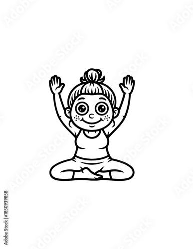 A happy young woman in sportswear doing a seated straddle stretch, isolated on a white background.