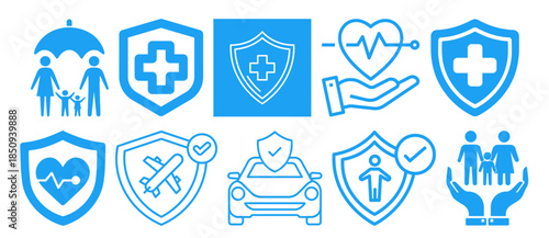 Set of insurance and protection icons family, health, travel, car, life, medical shield and security line art symbols