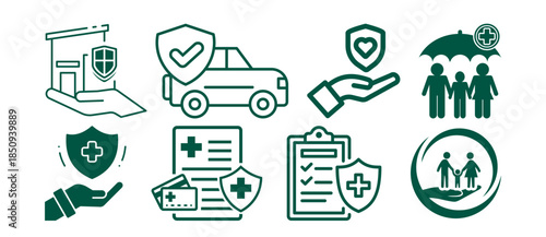 Set of insurance and protection icons for home, car, health, life, and family coverage, green line art style