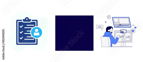 Set of three flat design icons representing user registration, dark blue square placeholder, and content creator streaming or recording video on a tripod