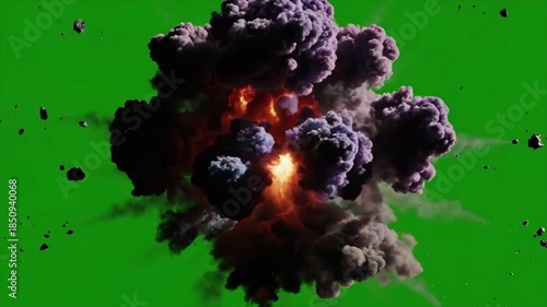 High energy cinematic fire explosion with thick smoke and debris isolated on green screen background for visual effects and motion graphics