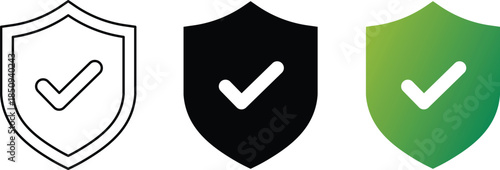 Three shield with checkmarks one outline one solid black one green gradient security protection