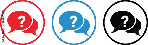 Three speech bubbles with question marks in red blue and black communication inquiry