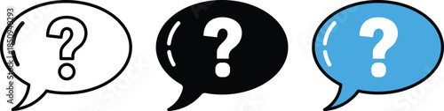 Three speech bubbles with question marks black white and blue inquiry confusion