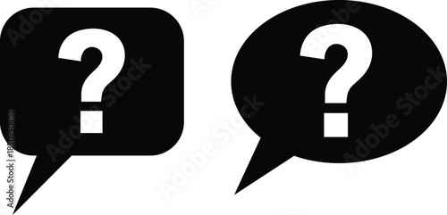 Two black speech bubbles with white question marks inside communication inquiry
