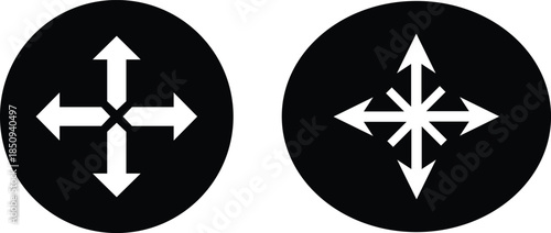 Two black circles with white directional arrows indicating movement four directions eight directions