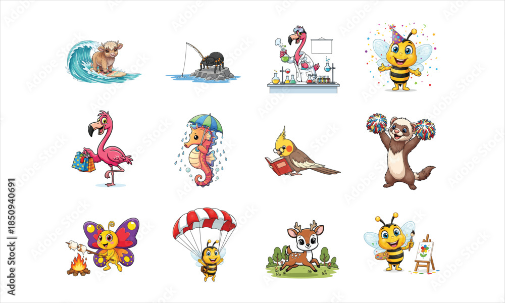 Obraz premium Cute Cartoon Animal Characters in Fun Activities – Kids Friendly Vector Illustration Set