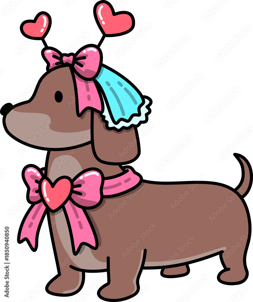Fototapeta premium Dachshund with Bows and Hearts Cartoon