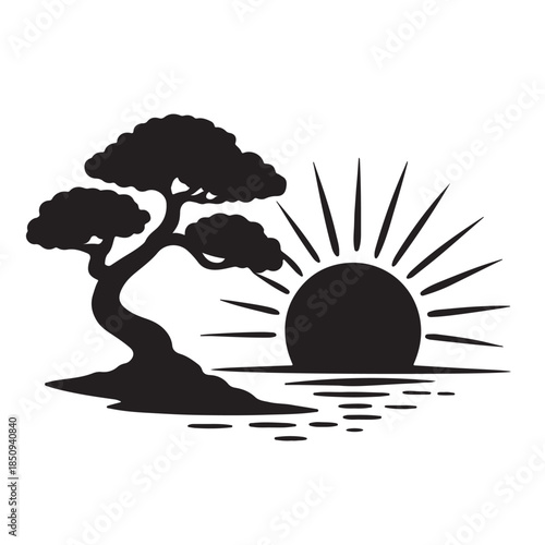 Bonsai Tree Sunset Silhouette Vector Black and White