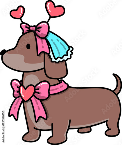Dachshund with Bows and Hearts Cartoon
