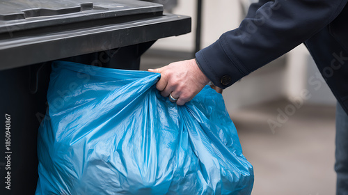 Person disposing of household waste into a black bin. A blue plastic bag overflowing with rubbish is lifted, showcasing a commitment to cleanliness and responsible waste disposal.