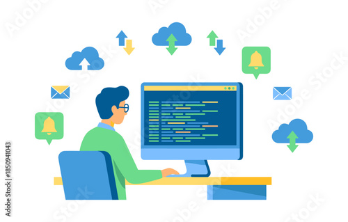 Developer coding on computer managing cloud data and notifications