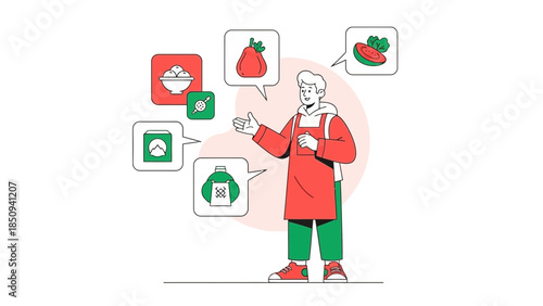 Digital illustration of a person sharing food and grocery items with speech bubbles around them