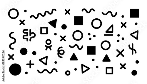 Memphis style geometric shapes pattern black and white