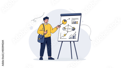 Business presentation and data analysis showing charts and graphs on a flip chart for a