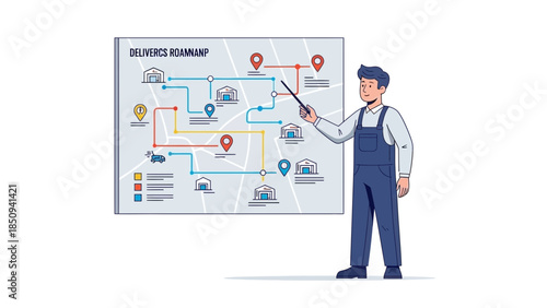 Delivery Route Planning Map Illustration with a Dispatcher Explaining the Logistics Network