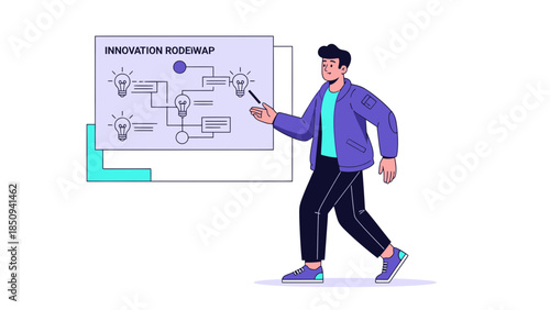 illustration of a young man presenting a innovation roadmap with flowchart and lightbulb icons for