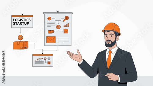 Business presentation of logistics startup strategies with an illustrated expert and charts