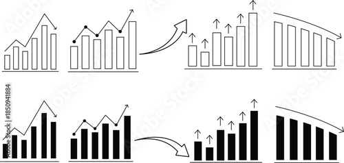 Bar chart with upward trend line and arrows indicating growth financial concept