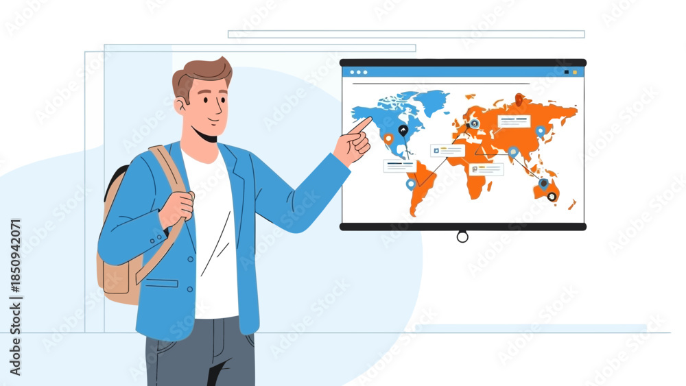 Fototapeta premium Young man giving a travel presentation with a world map infographic emphasizing global locations