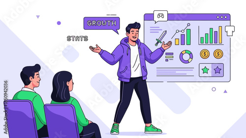 Business Presentation Showing Growth and Data Analysis with Two Audience Members