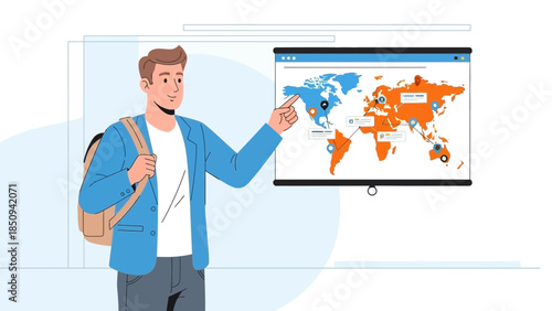 Young man giving a travel presentation with a world map infographic emphasizing global locations