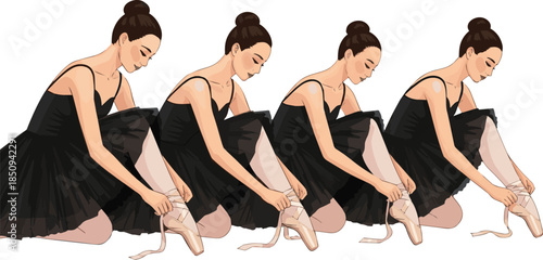 Create a kinds of deferent Asian ballerina in a black ballet tutu dress kneeling and tying her pointe shoes file of a ballet dancer preparing for performance. vector art with white background.