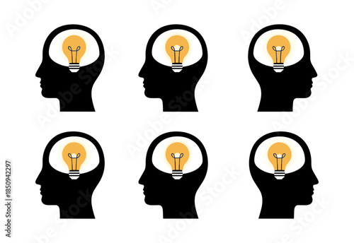 Human head silhouettes with light bulbs for ideas