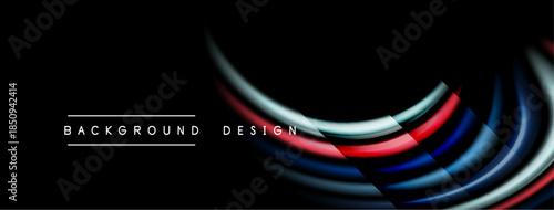 Abstract flowing lines create dynamic visual effect. Red, blue, white layers over black background. Modern design element.