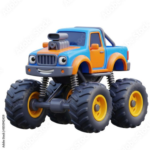 Blue And Orange Cartoon Monster Truck With Big Tires And Smiling Face Isolated On Transparent Background