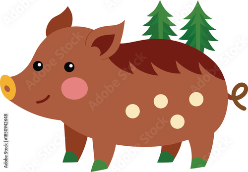 Charming cartoon wild boar piglet with forest trees art graphic