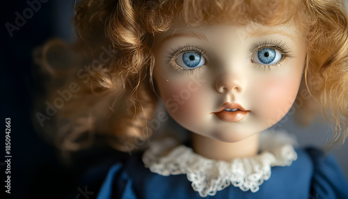 Wallpaper Mural Close up photo of an exquisite retro doll featuring golden ringlets and captivating blue eyes. Adorned in a charming blue frock with a dainty white peter pan collar Torontodigital.ca