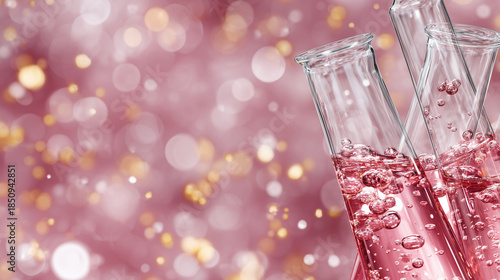 Macro view of laboratory glassware during a nutrition test, transparent liquid blending into pink solution inside a beaker, effervescent bubbles forming and catching light, modern