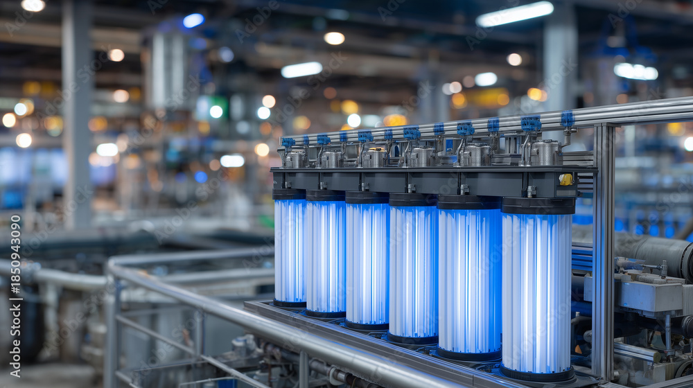 Fototapeta premium Advanced municipal water treatment concept, ultraviolet sterilization equipment aligned in a modern facility, glowing blue light reflecting on metal surfaces, symbolizing public he