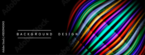 Abstract colorful lines over black background. Modern design elements create dynamic visual impact. Minimalist text labels bottom left corner.