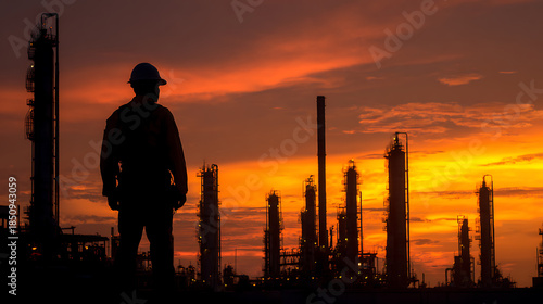 Silhouette of a worker overseeing an industrial complex at sunset. The sky glows with orange and yellow hues, capturing the energy and the scale of the facility.
