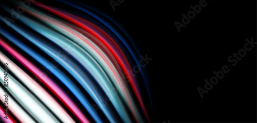 Abstract colorful lines curve from top left toward bottom right. Dark background emphasizes vibrant light streaks. Minimalist design.