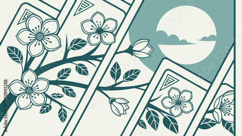Floral pattern design with overlapping rectangular cards featuring flowers, leaves, and a moonlit landscape in a soft color palette.