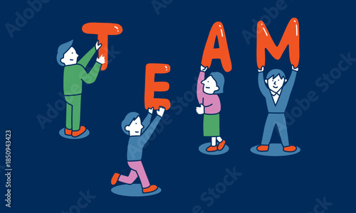 チームワークのイラスト　TEAMの文字を持って集まる人々