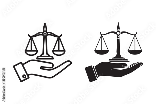 A black silhouette of a hand holding a balanced scales of justice line art on a white background.