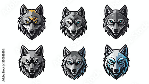 Collection of stylized aggressive wolf head designs and mascots