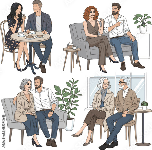 Create a kinds of deferent Elegant and beautiful couple sitting casually in a café and talking and looking around vector art with white background..