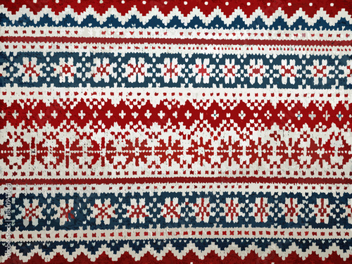 A close up view of a knitted textile with a traditional fair isle pattern