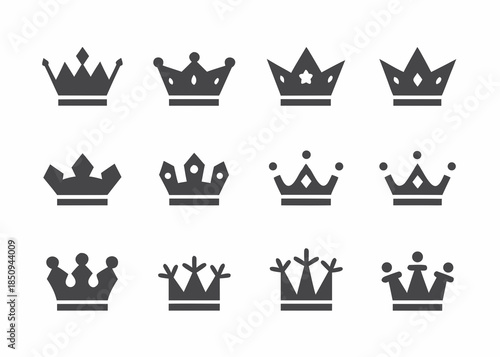 Collection of various black crown silhouettes different royal headwear designs