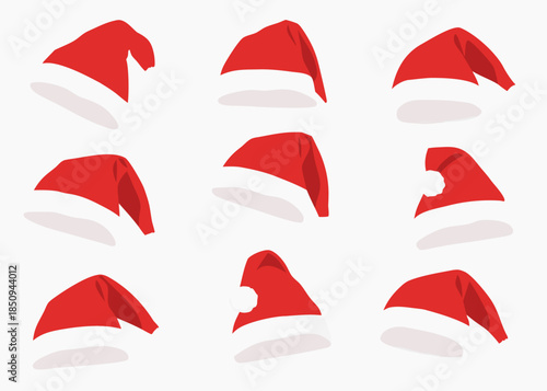 Collection of red santa hats with white trim displayed in varying angles