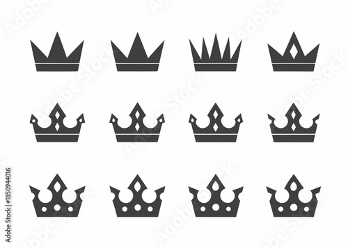 A collection of various black crown silhouettes arranged in a grid pattern