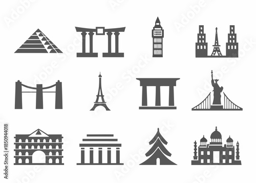Illustrative icons representing famous global landmarks and architectural wonders