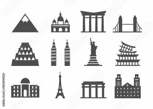 Icon set depicting world landmarks and famous architectural structures
