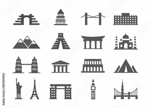 Collection of monochrome architectural landmark and natural landscape icons